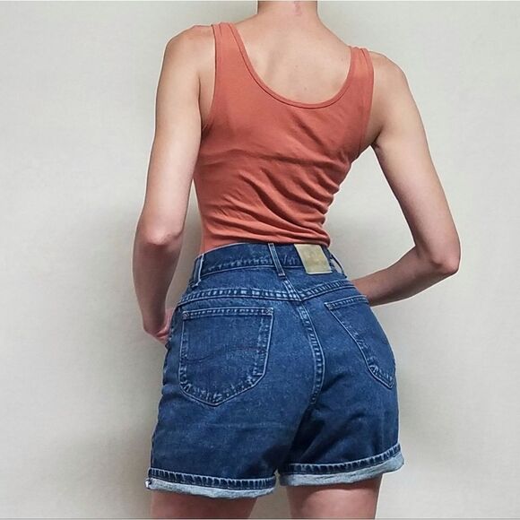VINTAGE Lee Dark Wash Stone Wash Extra High Rise Loose Fit Cotton Denim Shorts - Picture 3 of 13